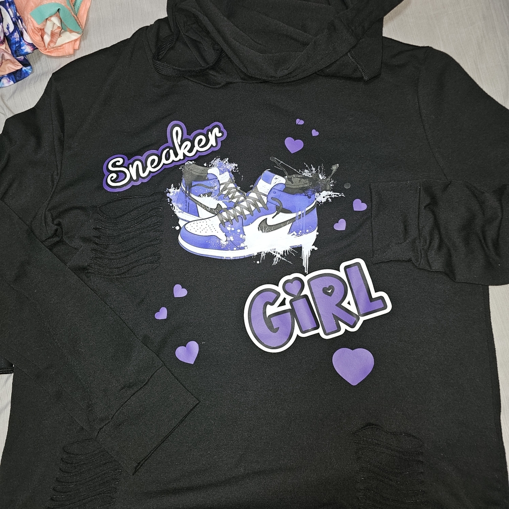 Sneaker Girl Black and Purple Distressed Hoodie